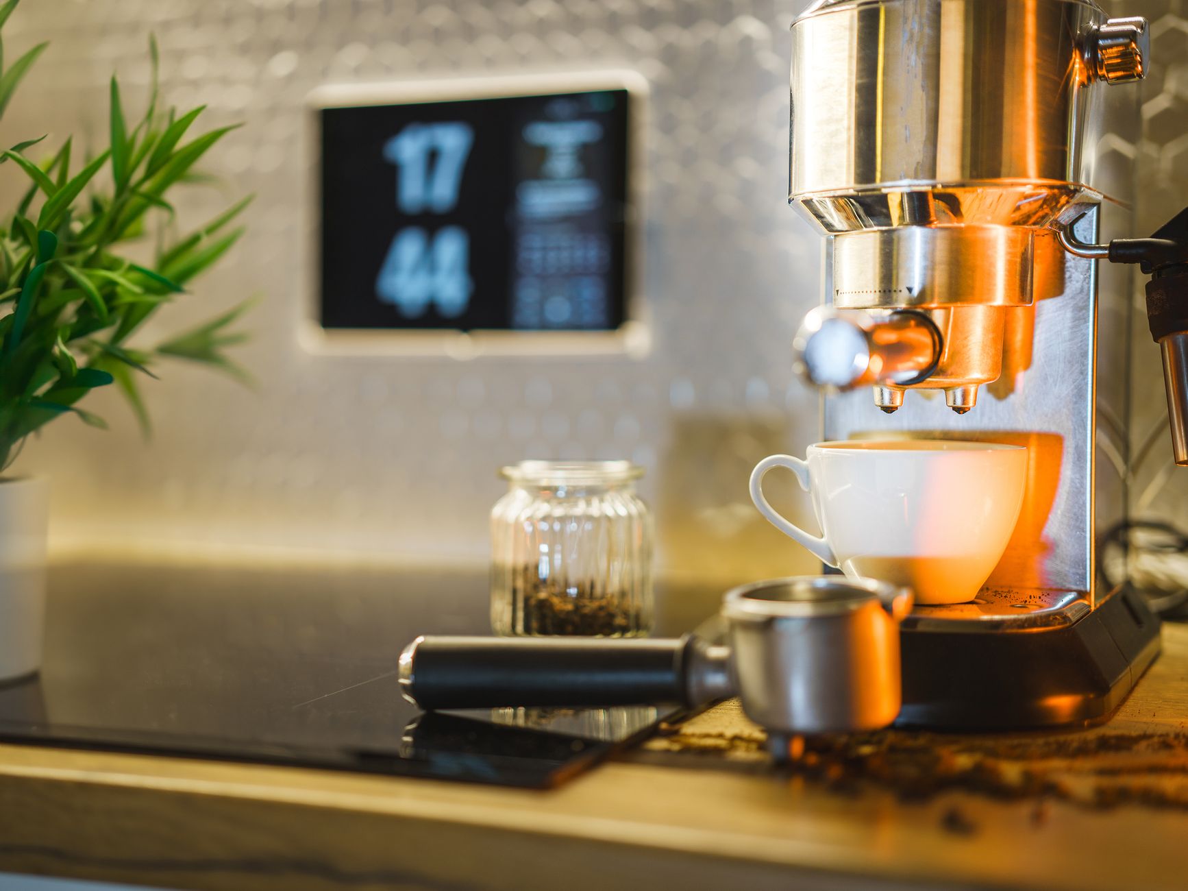 Sleek commercial coffee machine in busy cafe setting