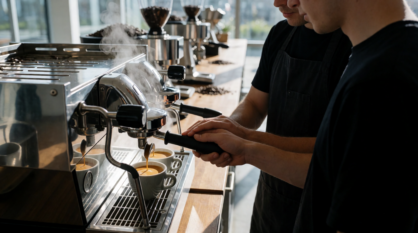 Professional barista trainer teaching proper espresso technique