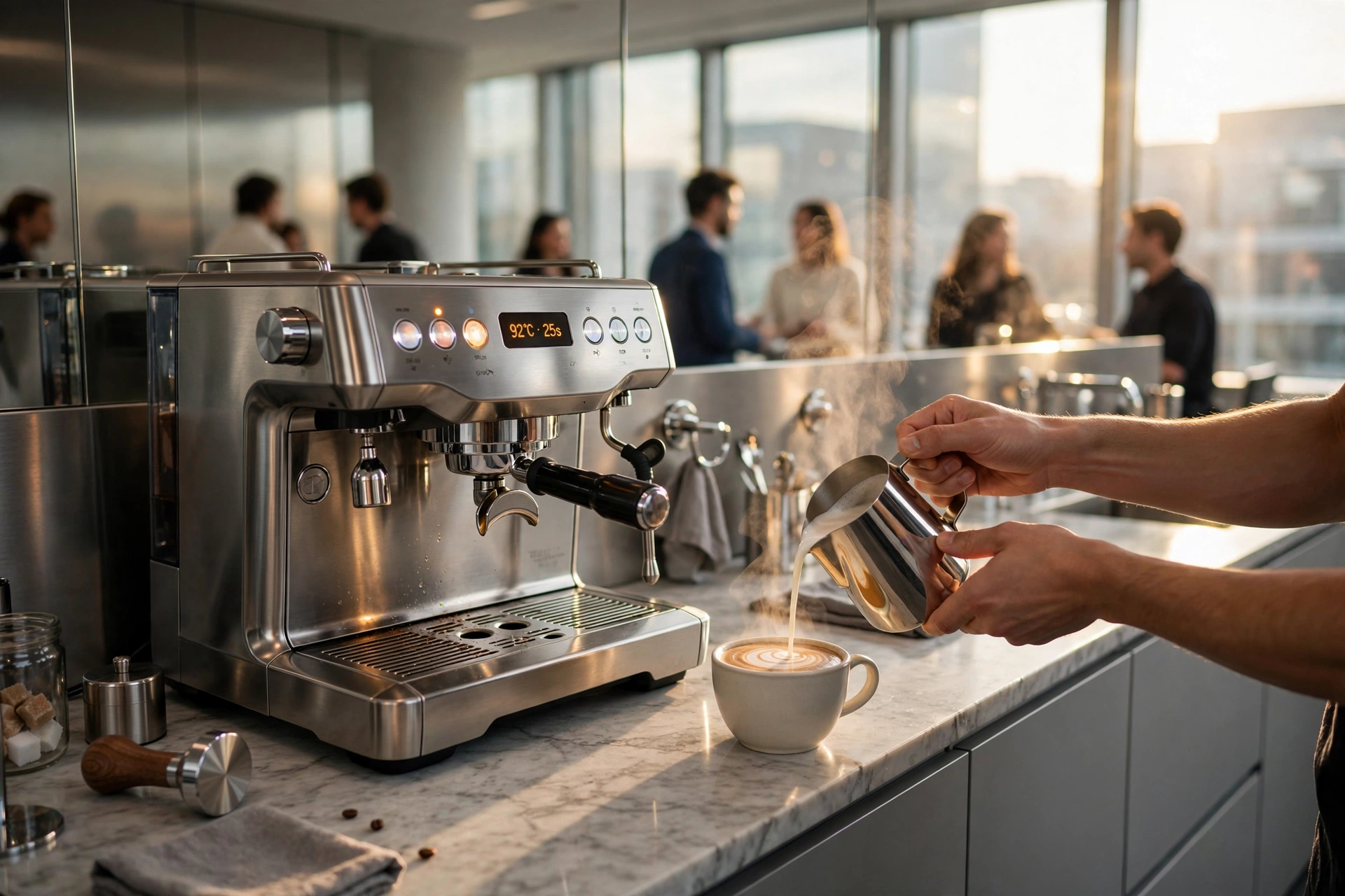 Professional espresso machine in a modern corporate office breakroom