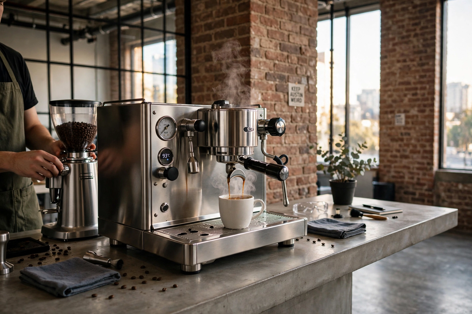 High-end espresso machine in a modern Austin office setting