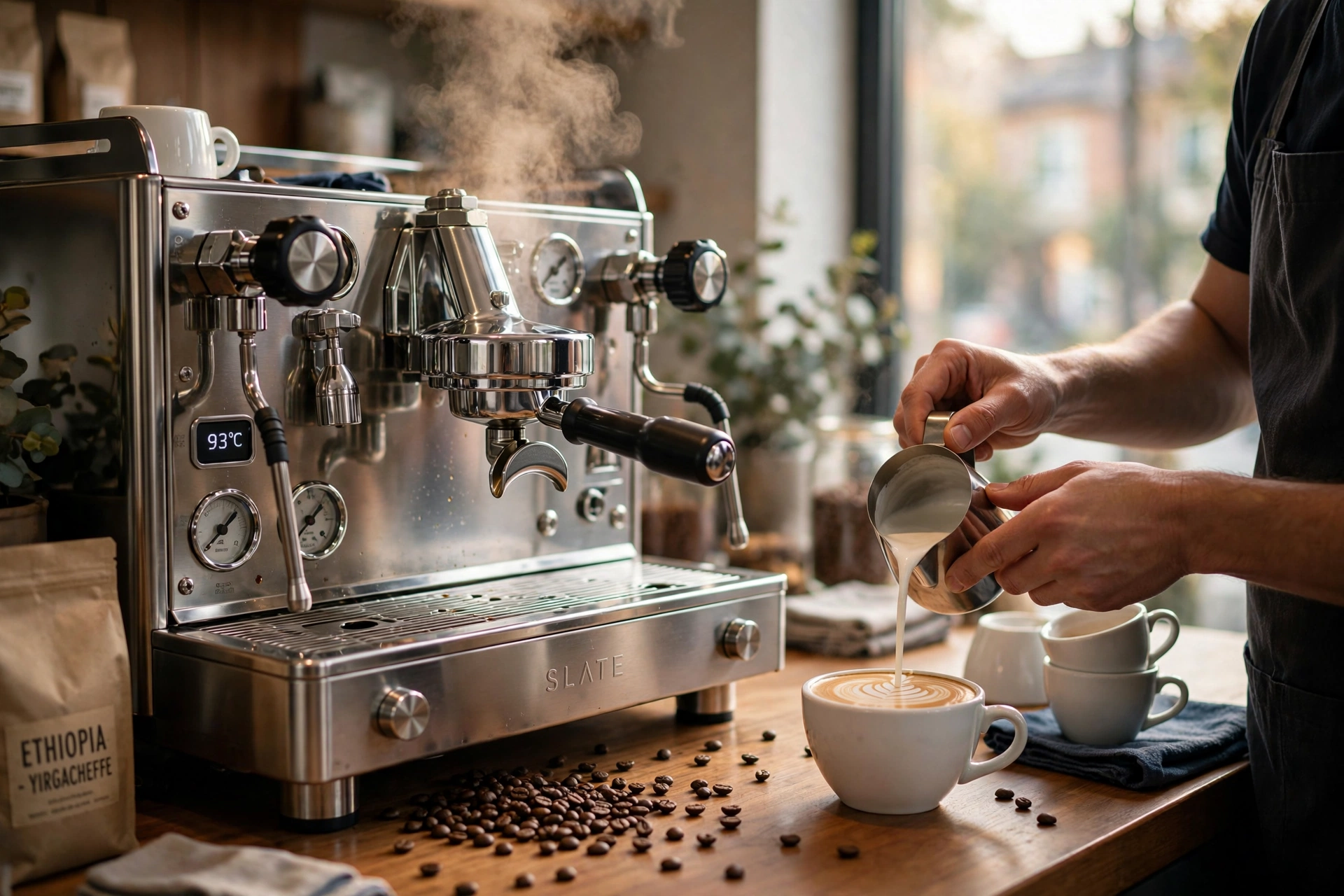 Professional espresso machine in a San Diego restaurant setting