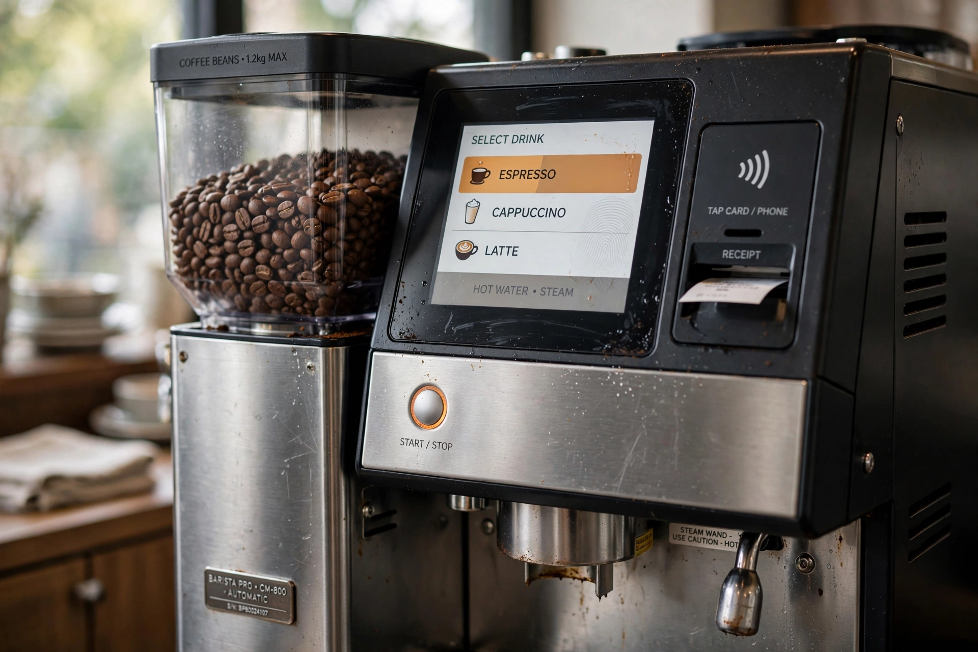 Professional automated espresso machine in a modern cafe setting
