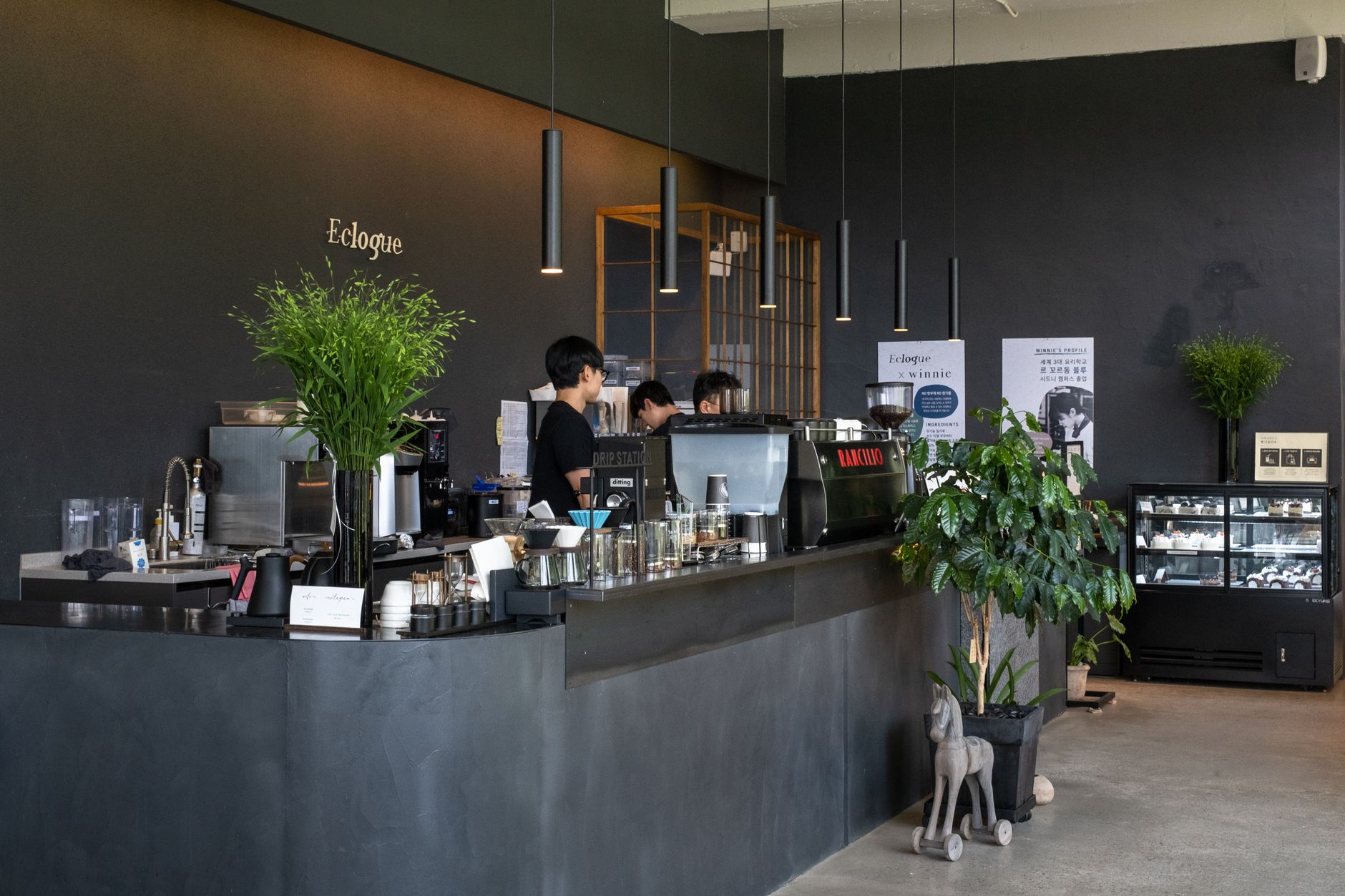 Professional café espresso station with organized tools