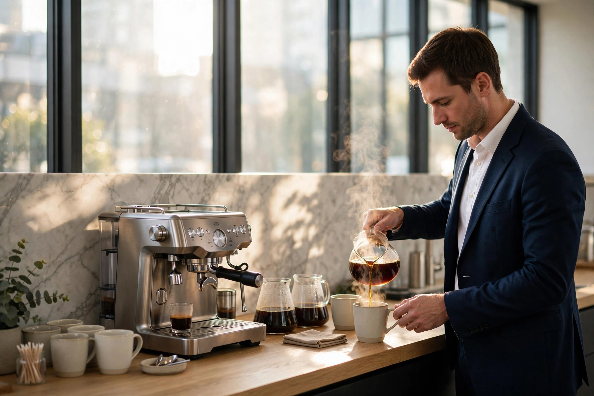 Professional corporate coffee station in a modern Los Angeles office