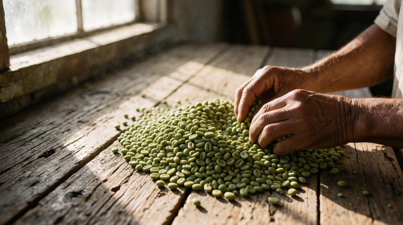 Coffee beans being sorted by hand at a specialty roastery