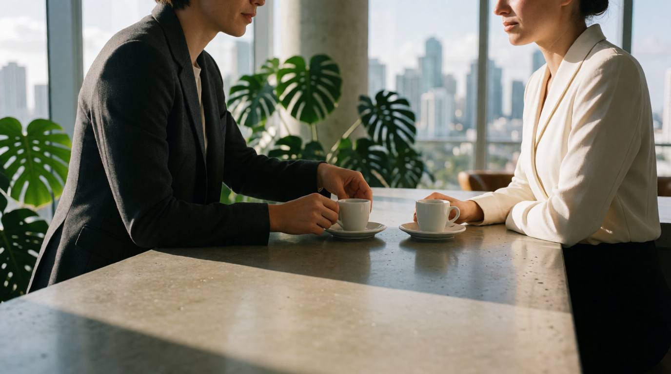 Professionals enjoying espresso in a modern Miami office lounge with city view