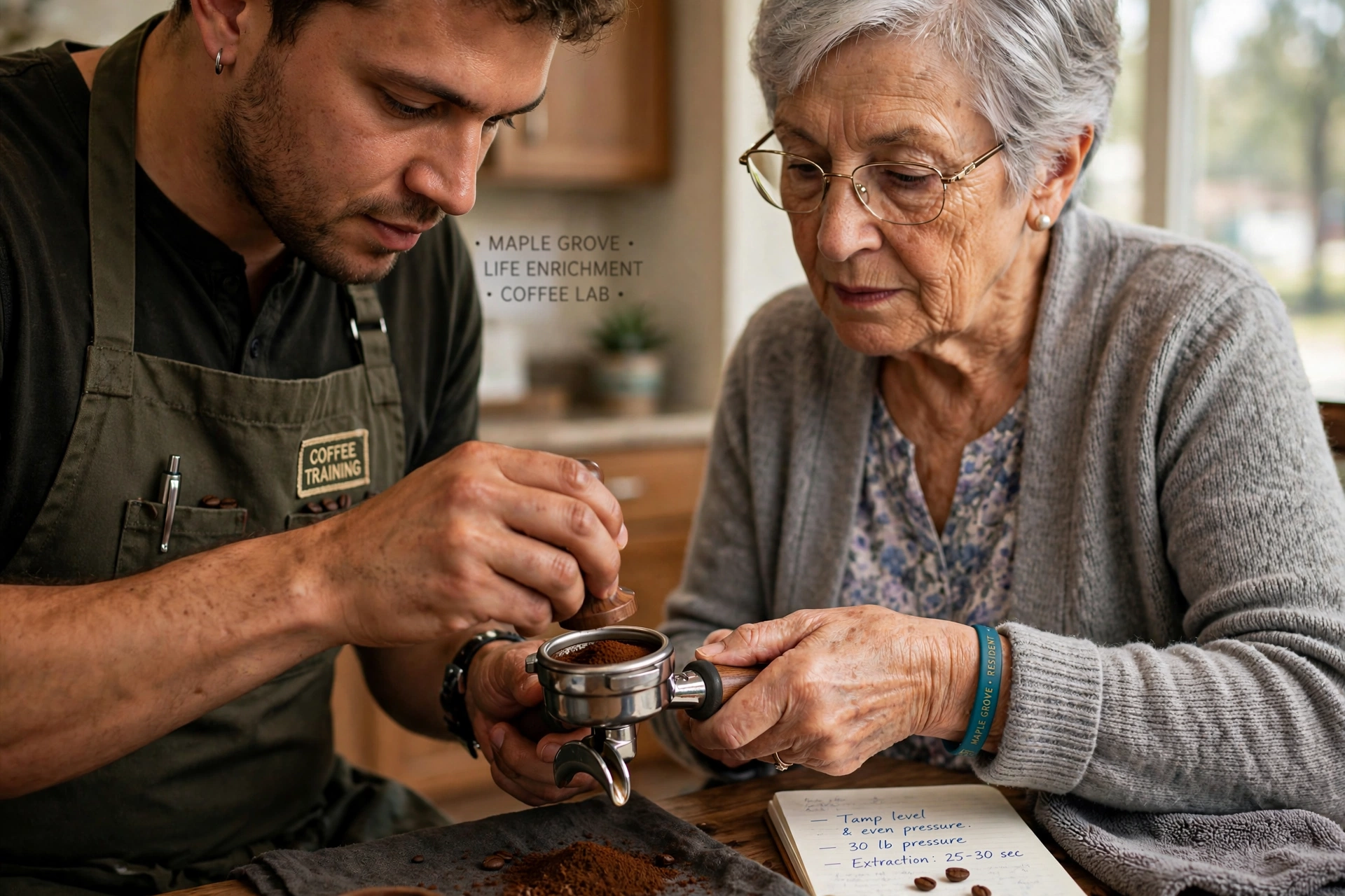 Staff member learning to use a professional espresso machine