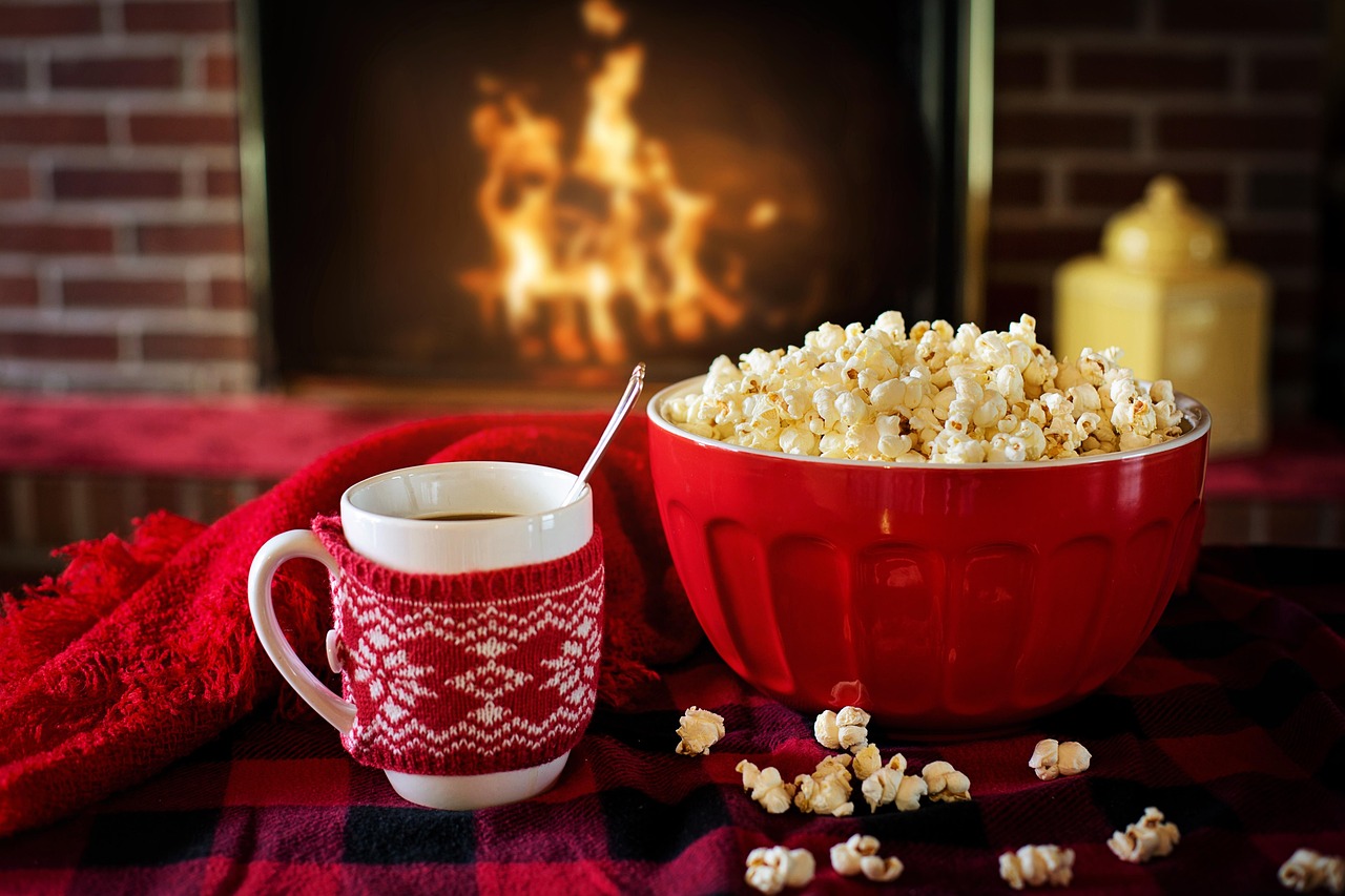 warm and cozy, coffee cup, popcorn, coffee, fireplace, cozy, warm, home, christmas, cold, fire, cup, comfort, comfortable, mug