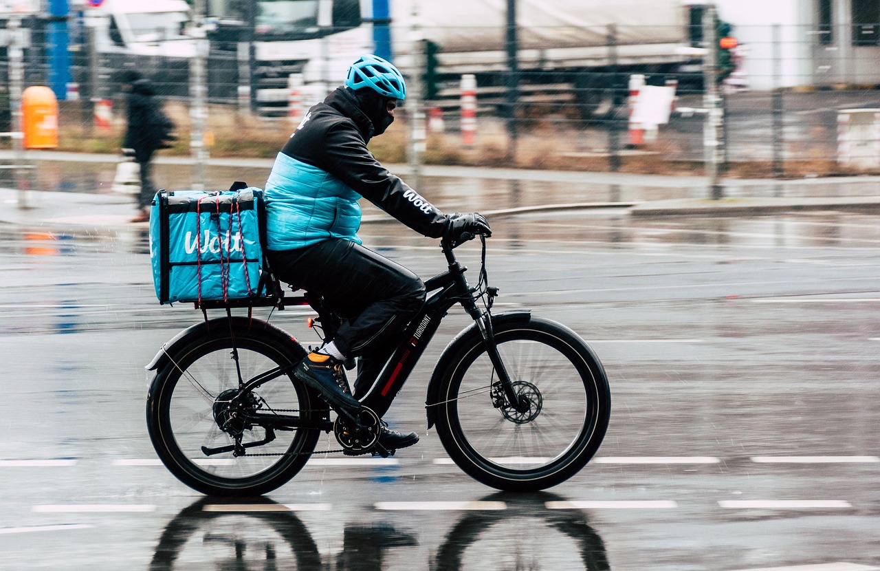 rain, delivery service, courier, nature, delivery, bicycle messenger