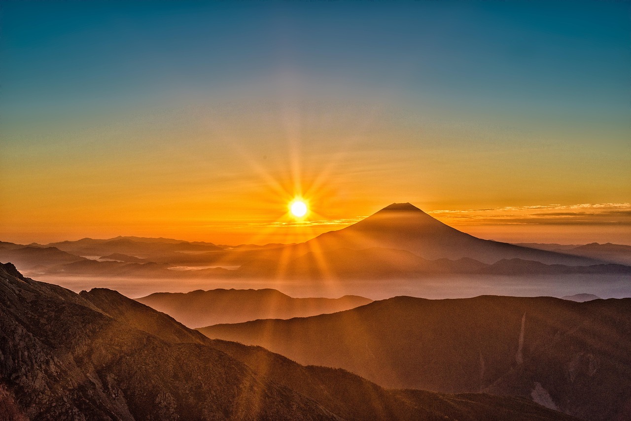 mount fuji, japan, volcano, mountain, mountains, mystery, nature, sunrise, sunlight, landscape, natural