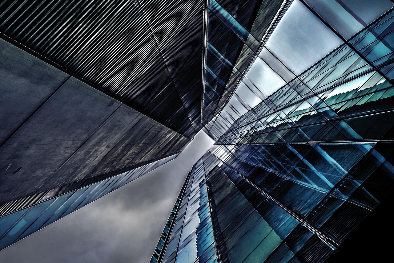 architecture, building, perspective, high-rise, high-rise building, skyscraper, glass windows, reflection, exterior, city, glass, modern, office building, urban, building, building, building, building, building