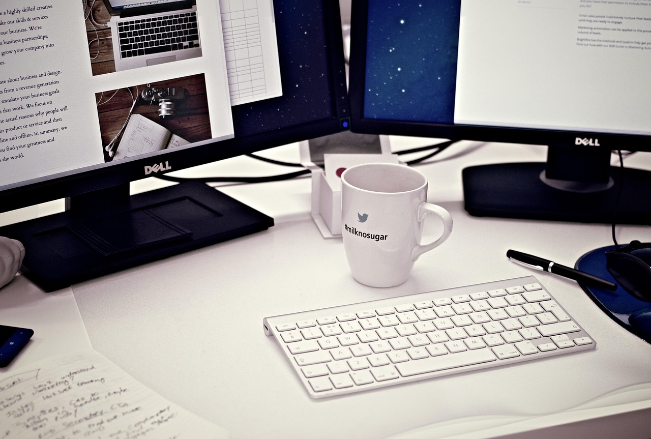 workstation, home office, computer, coffee mug, cup, keyboard, monitors, displays, screens, desk, office, working, pc, technology, business, internet, workplace, browsing, coffee cup, surfing, startup, start-up, desktop, dual monitors, mouse, peripherals, coffee, mug, pen