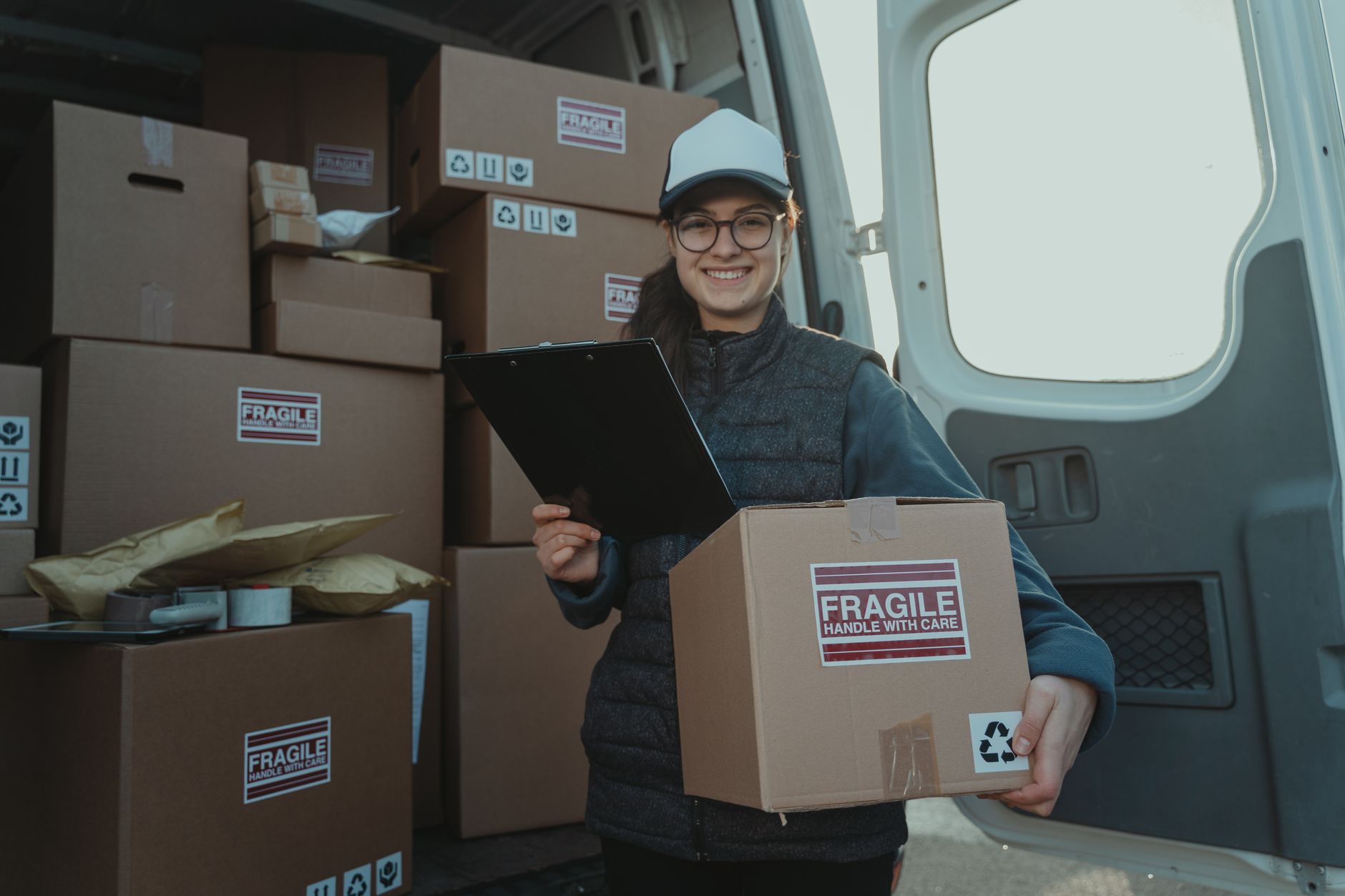 A cheerful delivery woman prepares parcels inside a van, ensuring careful handling.