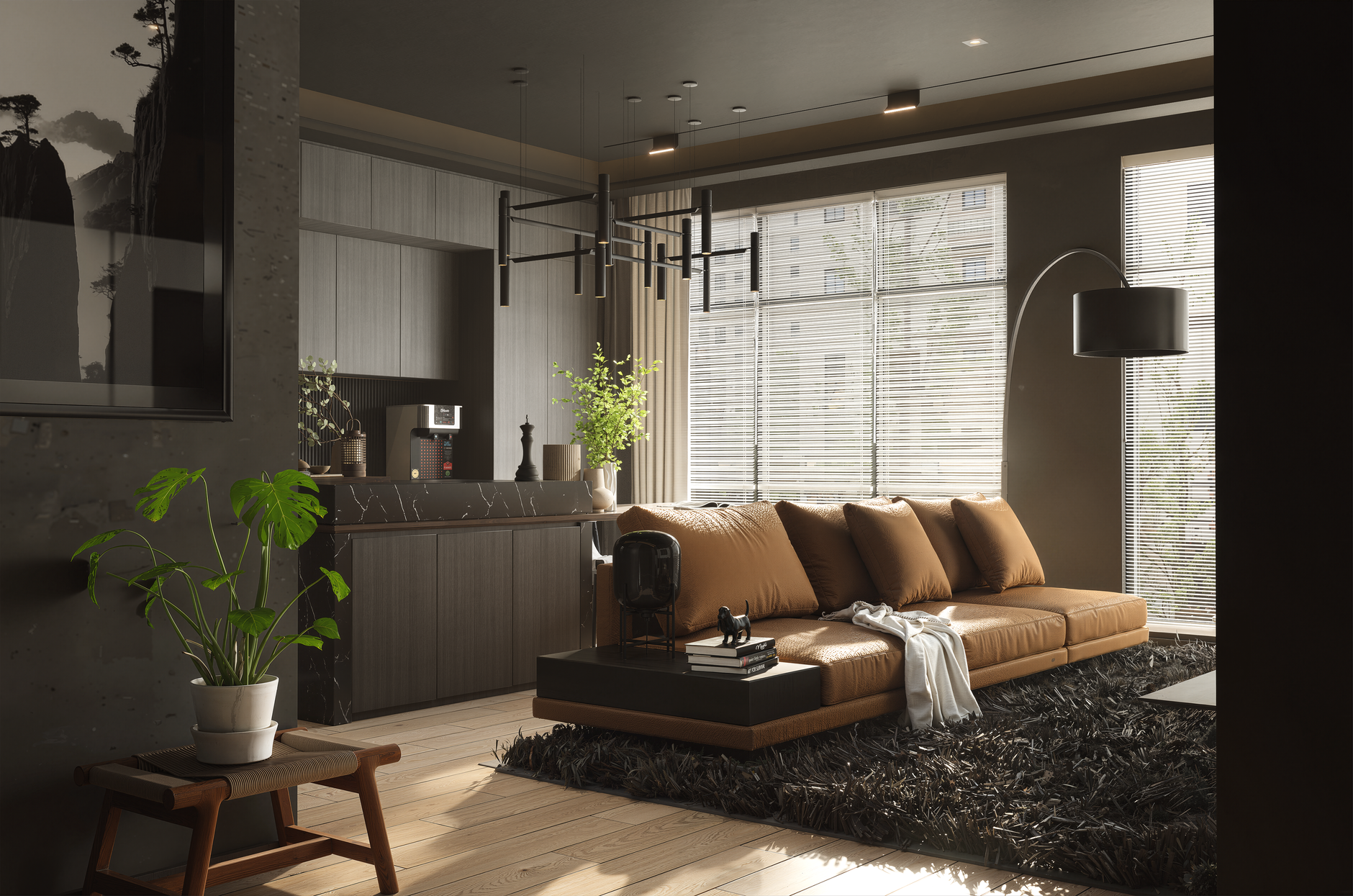 Stylish living room featuring a brown sofa, large windows, and modern decor.