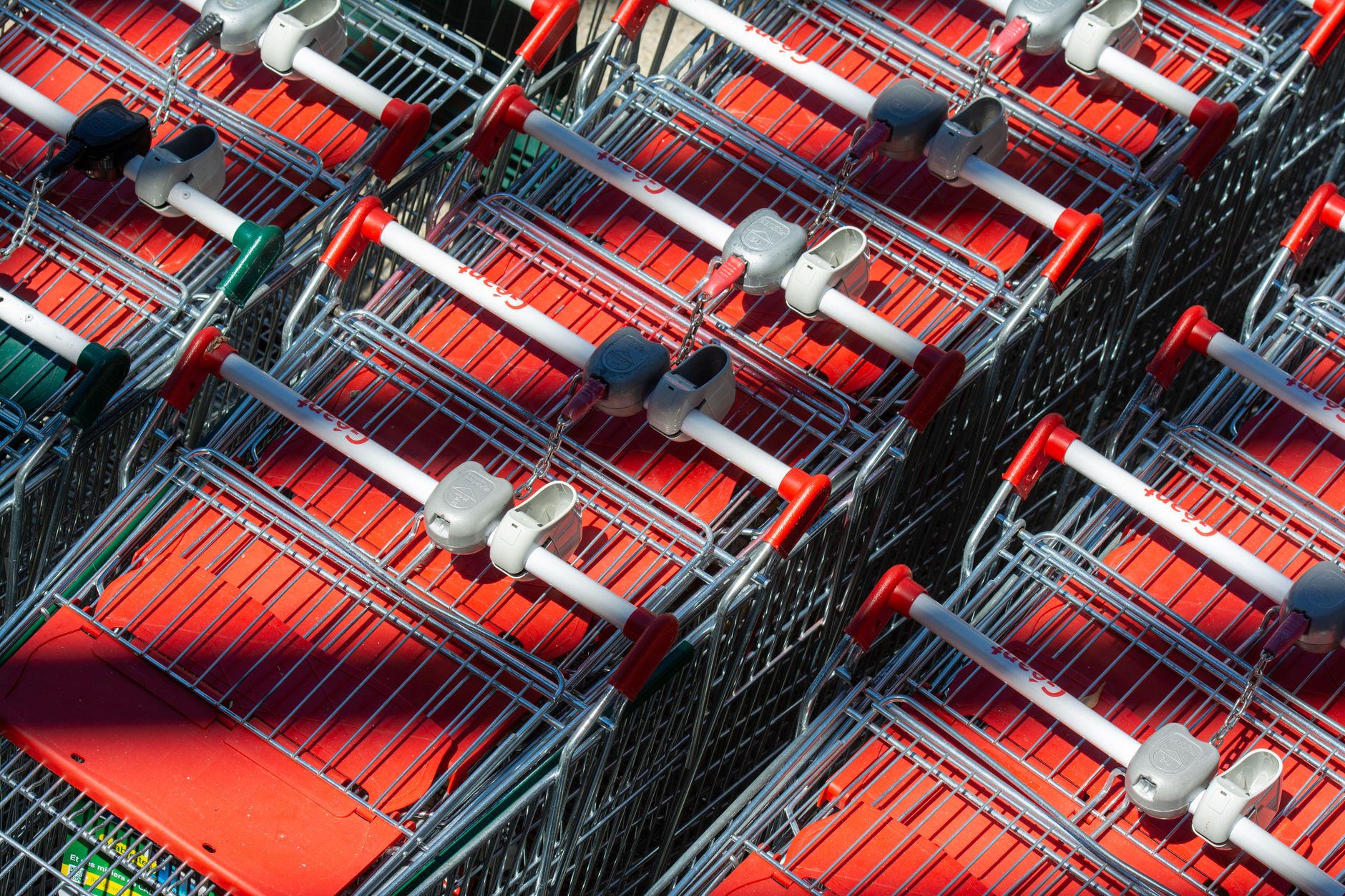 Neatly arranged shopping carts casting shadows under bright sunlight, showcasing a supermarket exterior.