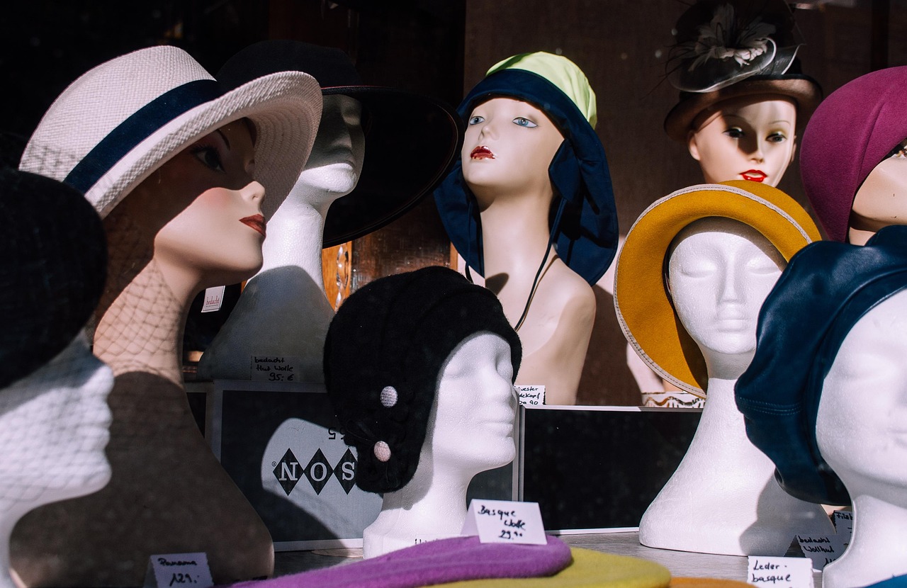 mannequin, store, display, hats, fashion, woman, head, store window, puppet, shopping, clothing