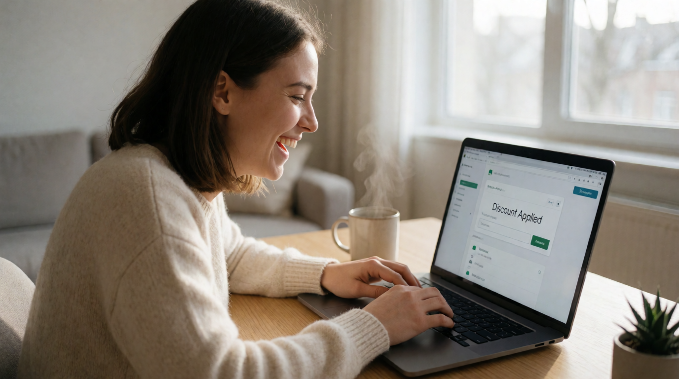 Mulher feliz fazendo compras online com desconto aplicado no carrinho