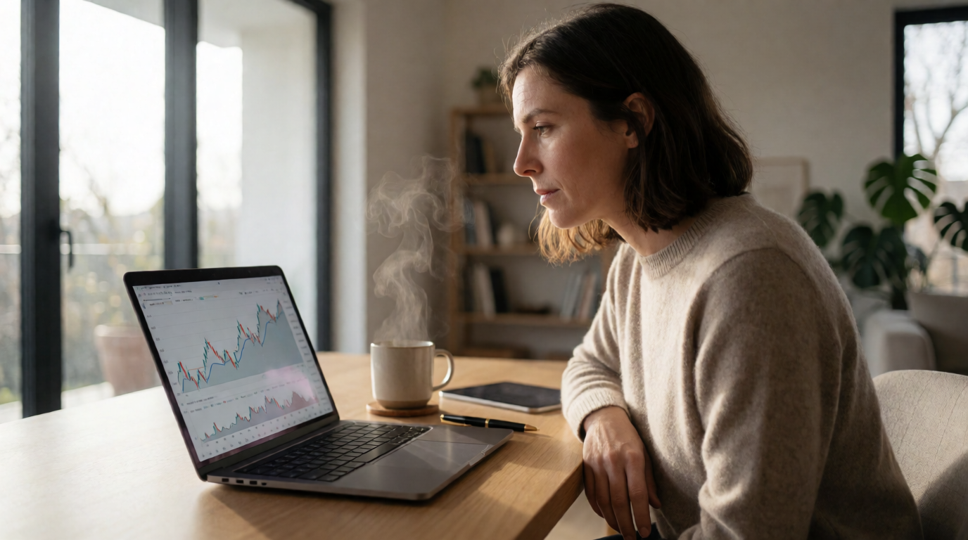 Pessoa estudando finanças online em laptop