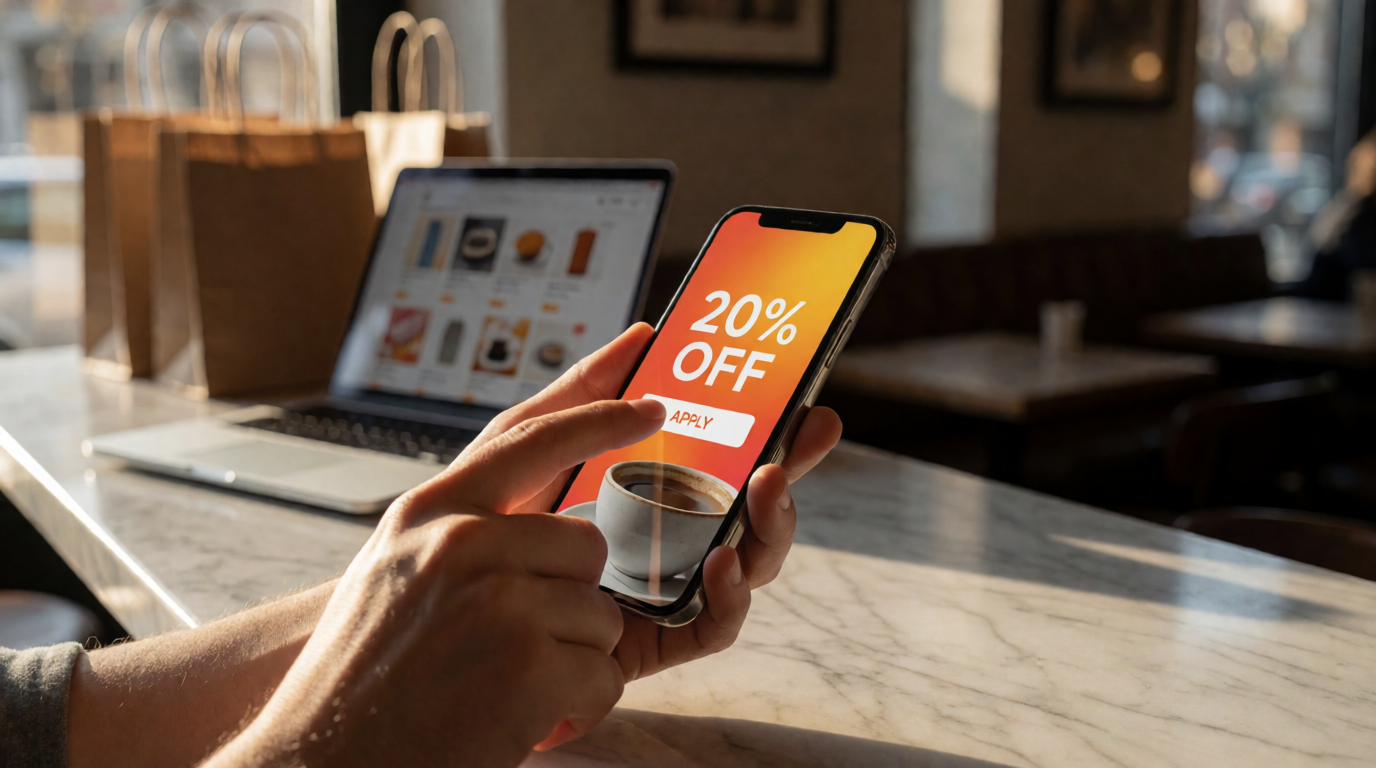 Cupom digital sendo aplicado em compra pelo celular