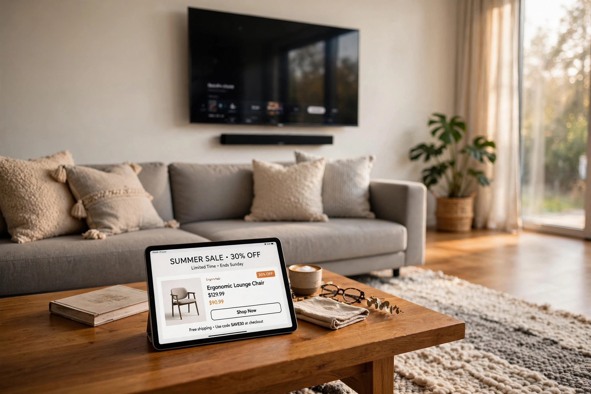 Sala de estar moderna com Smart TV e Soundbar de alta resolução