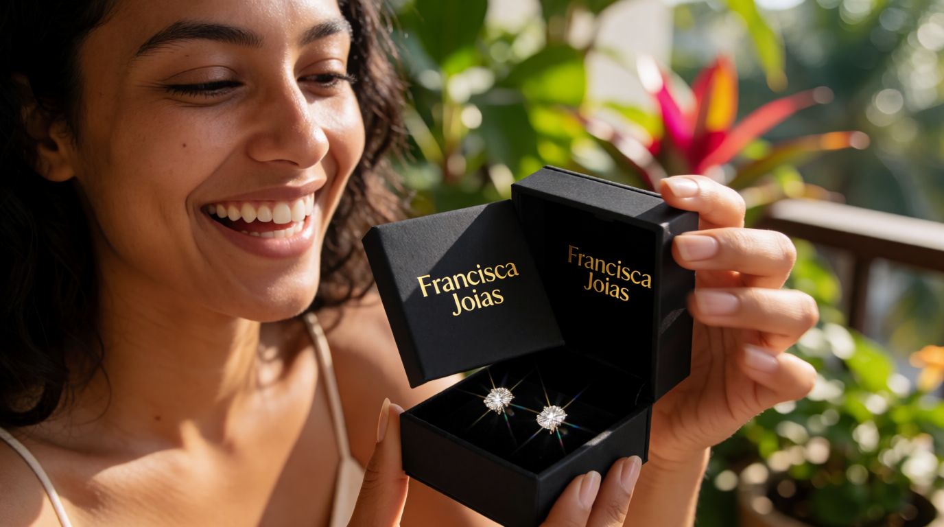 Mulher feliz recebendo entrega de joias com selo Francisca Joias