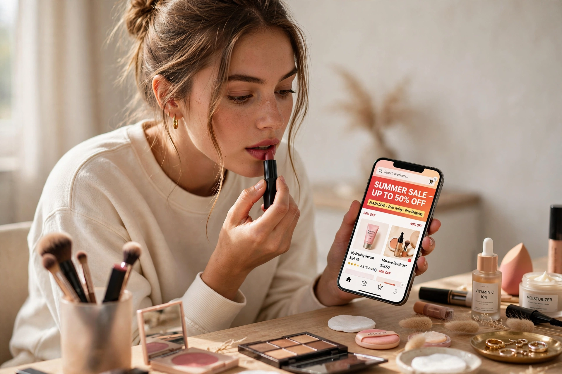 Mulher aplicando maquiagem enquanto usa o smartphone para buscar descontos