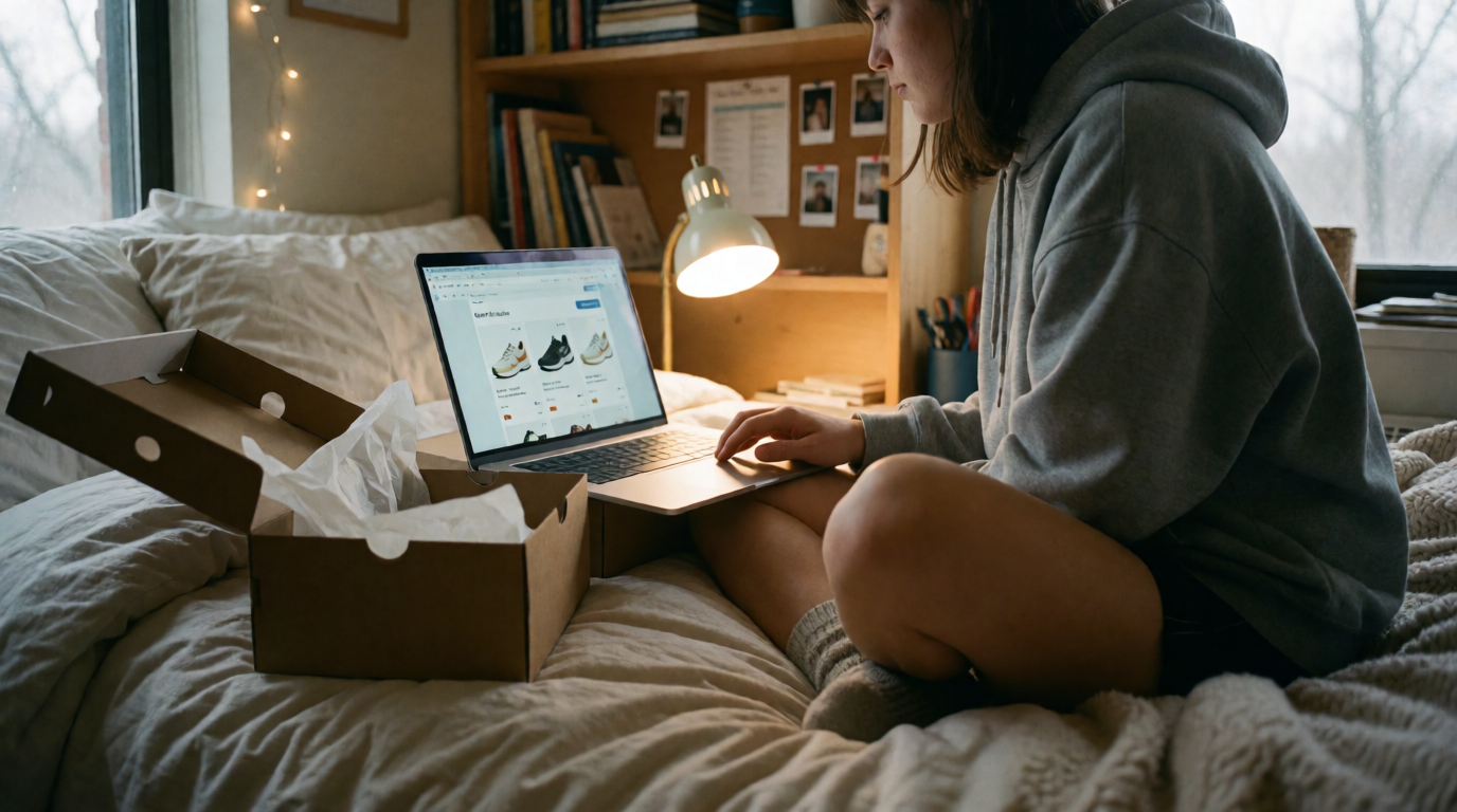 Estudante comprando tênis esportivos online