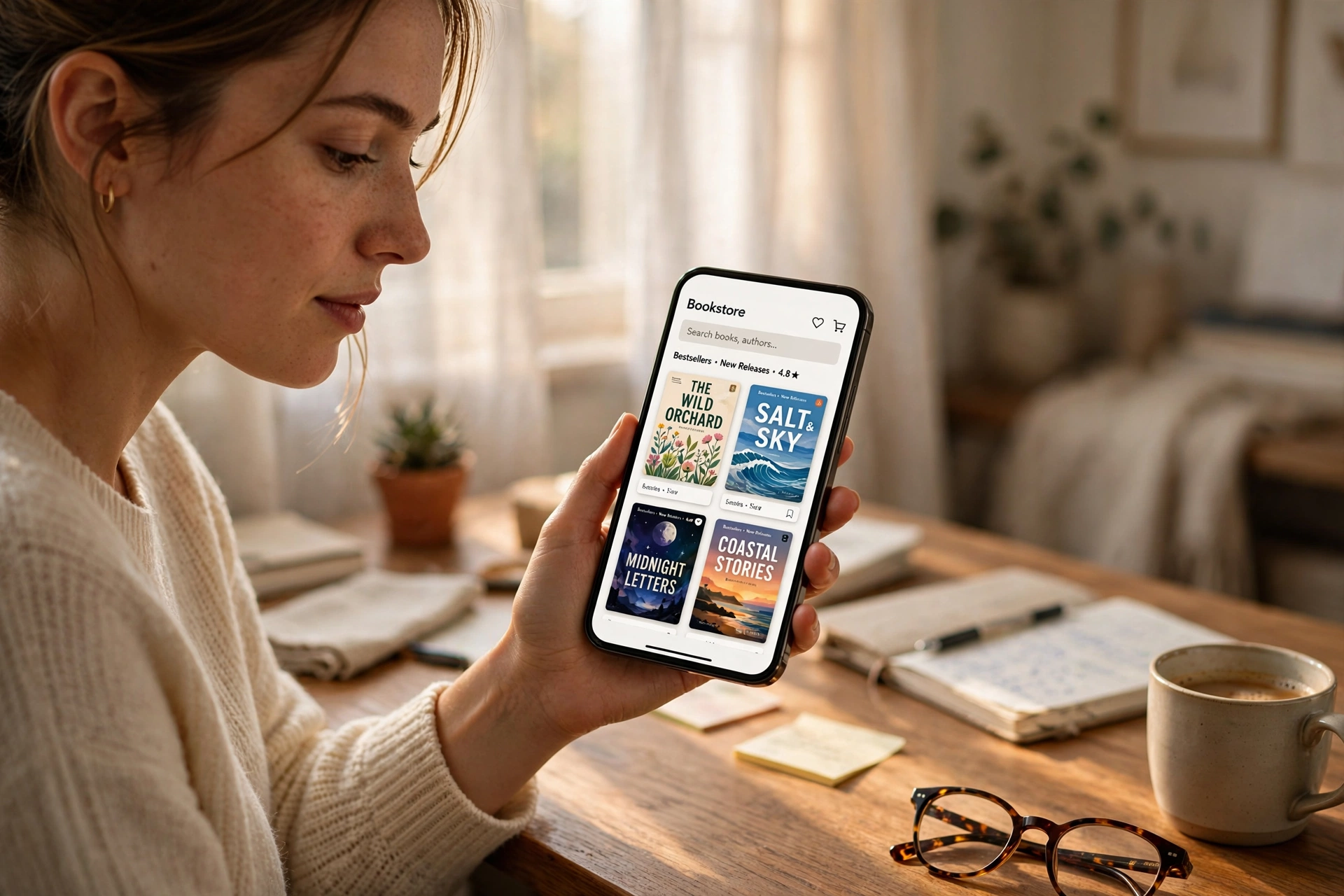 Pessoa utilizando smartphone para compras online de livros e acessórios