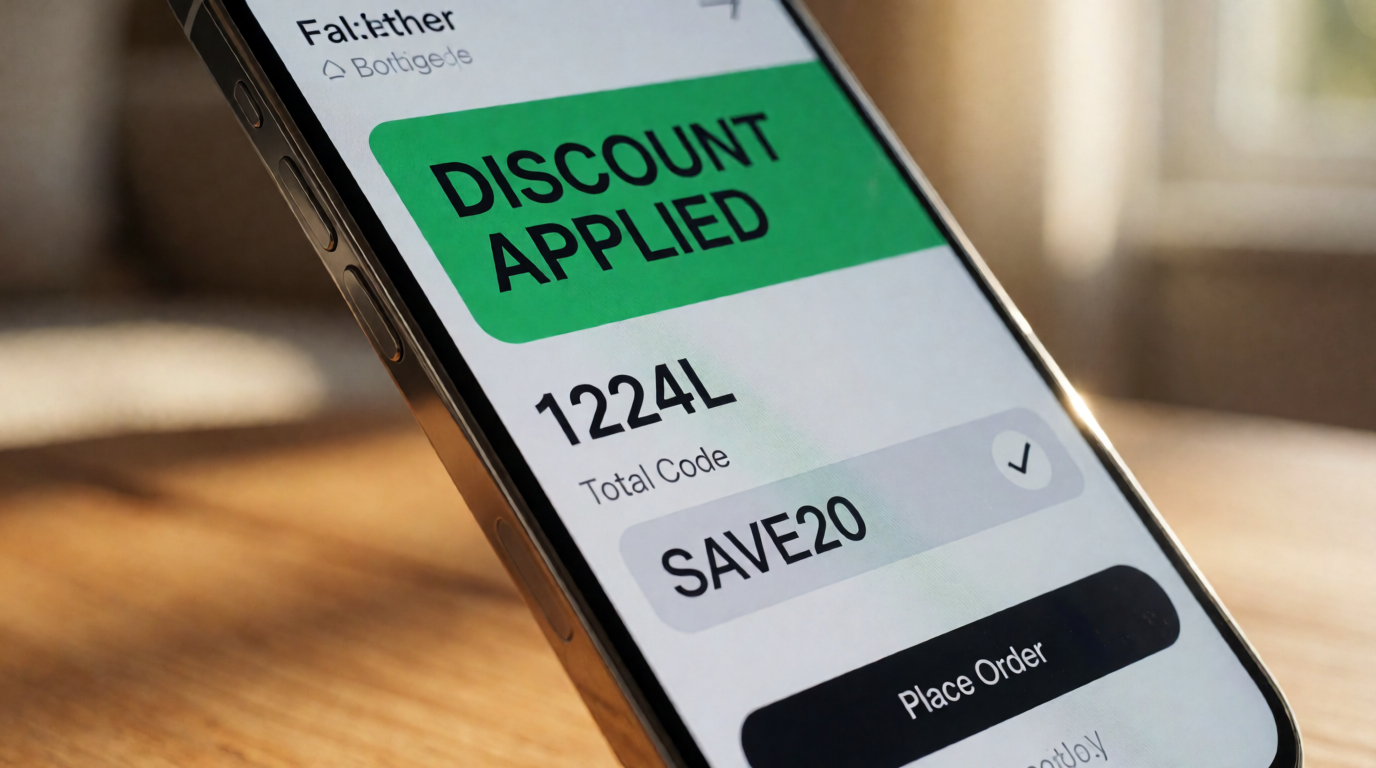Detalhe de tela de smartphone mostrando desconto aplicado no checkout