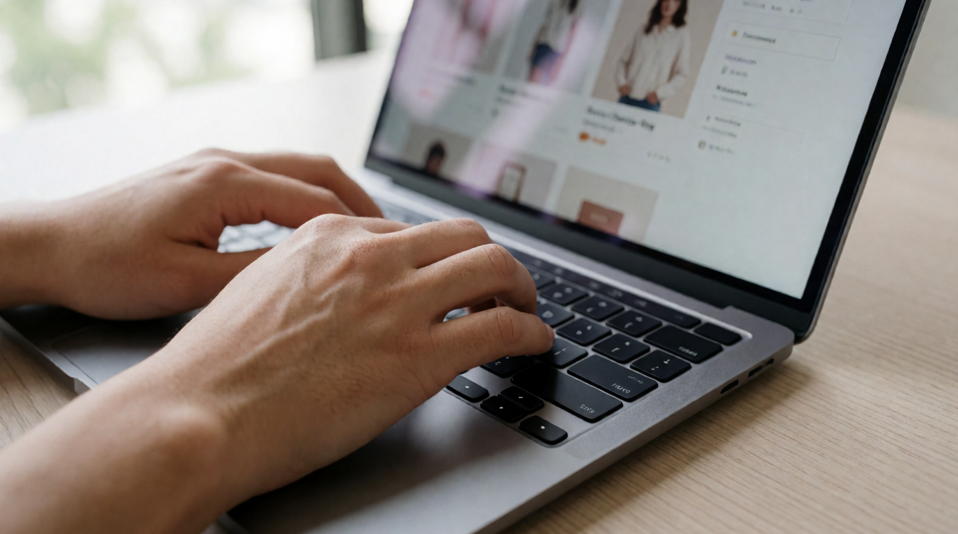 Person tippt am Laptop beim Online-Shopping
