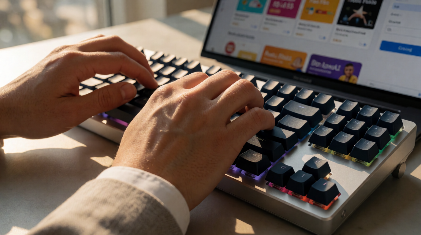 Detalhe de dedos digitando em teclado de computador