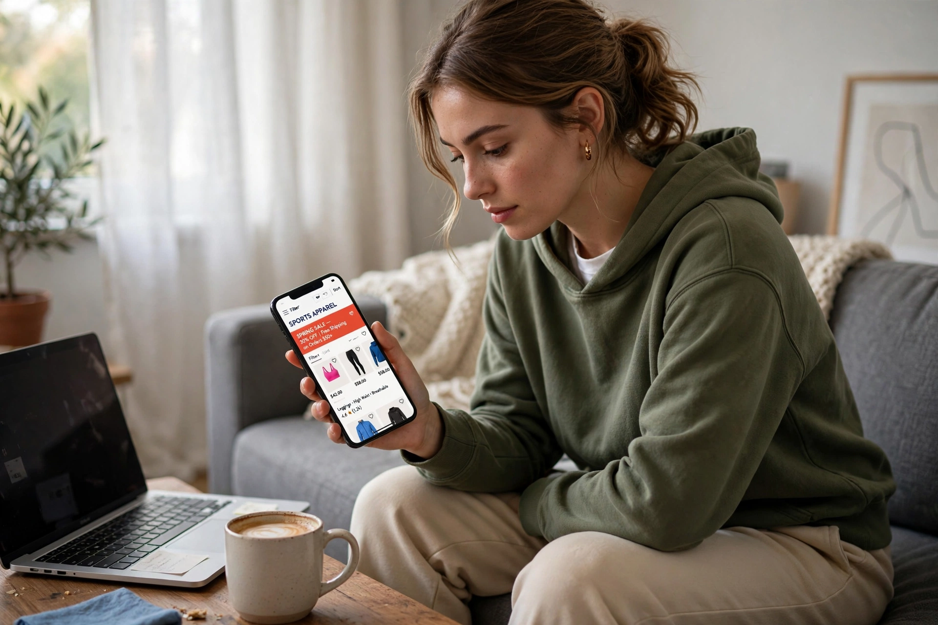 Pessoa comprando roupas esportivas online em um smartphone