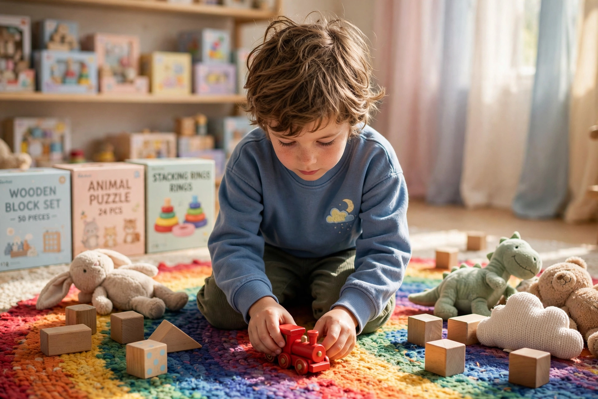 Criança brincando com brinquedos em quarto colorido