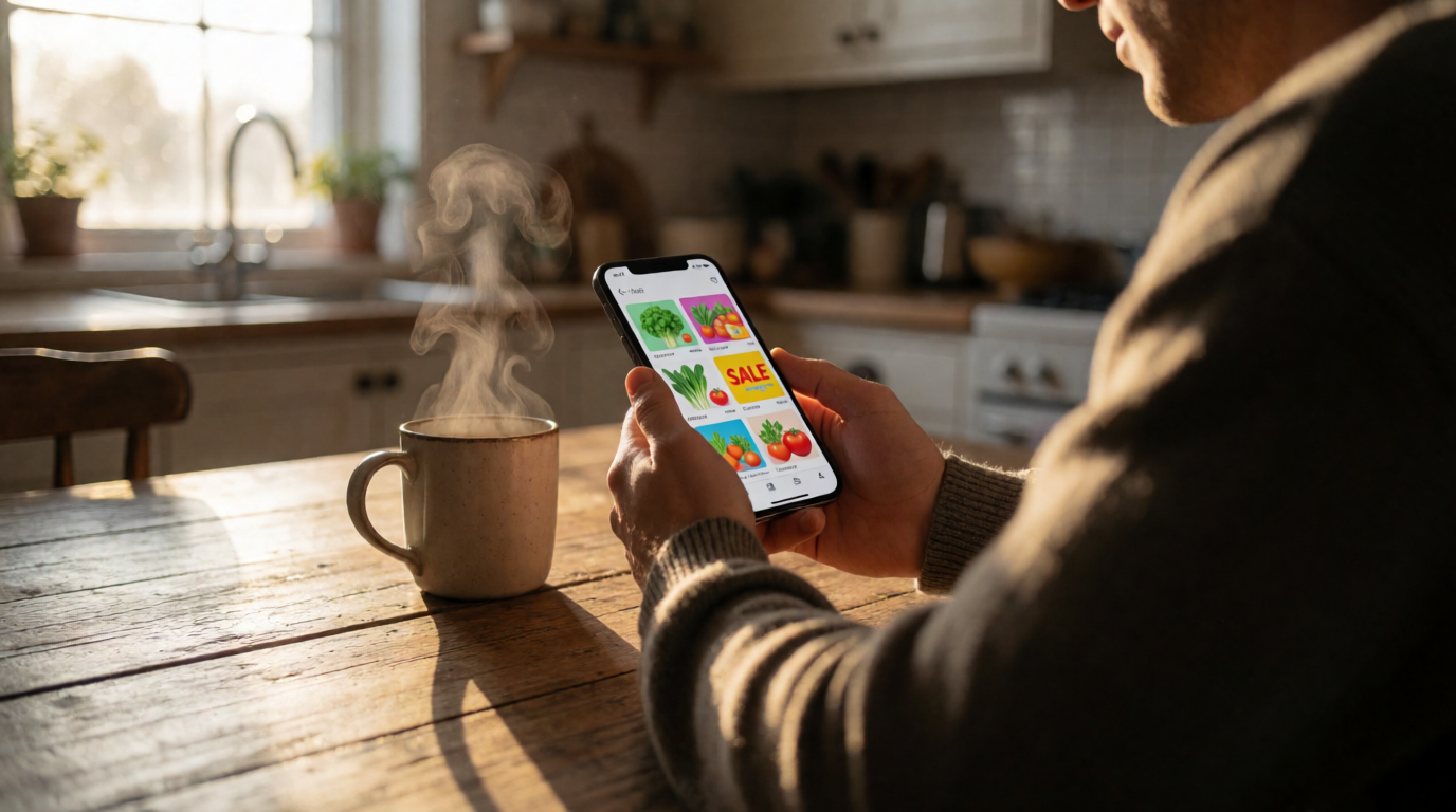 Pessoa utilizando smartphone para fazer compras de supermercado online