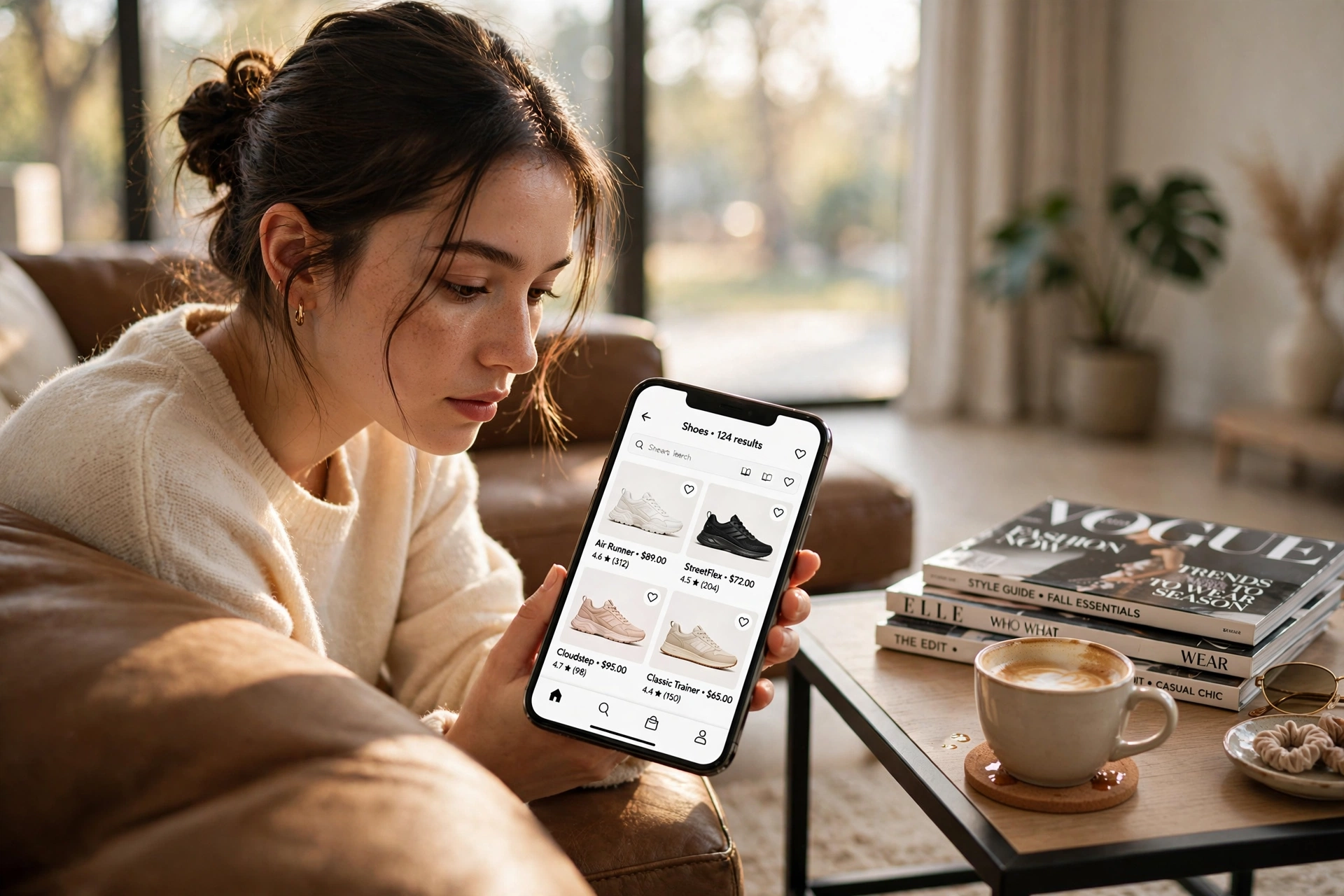 Pessoa comprando calçados online pelo smartphone