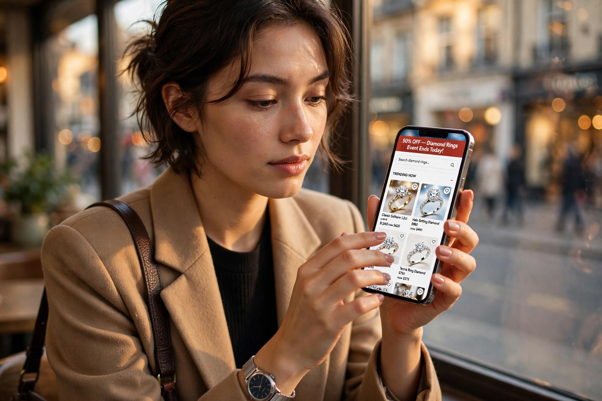 Pessoa usando smartphone para fazer compras online de joias