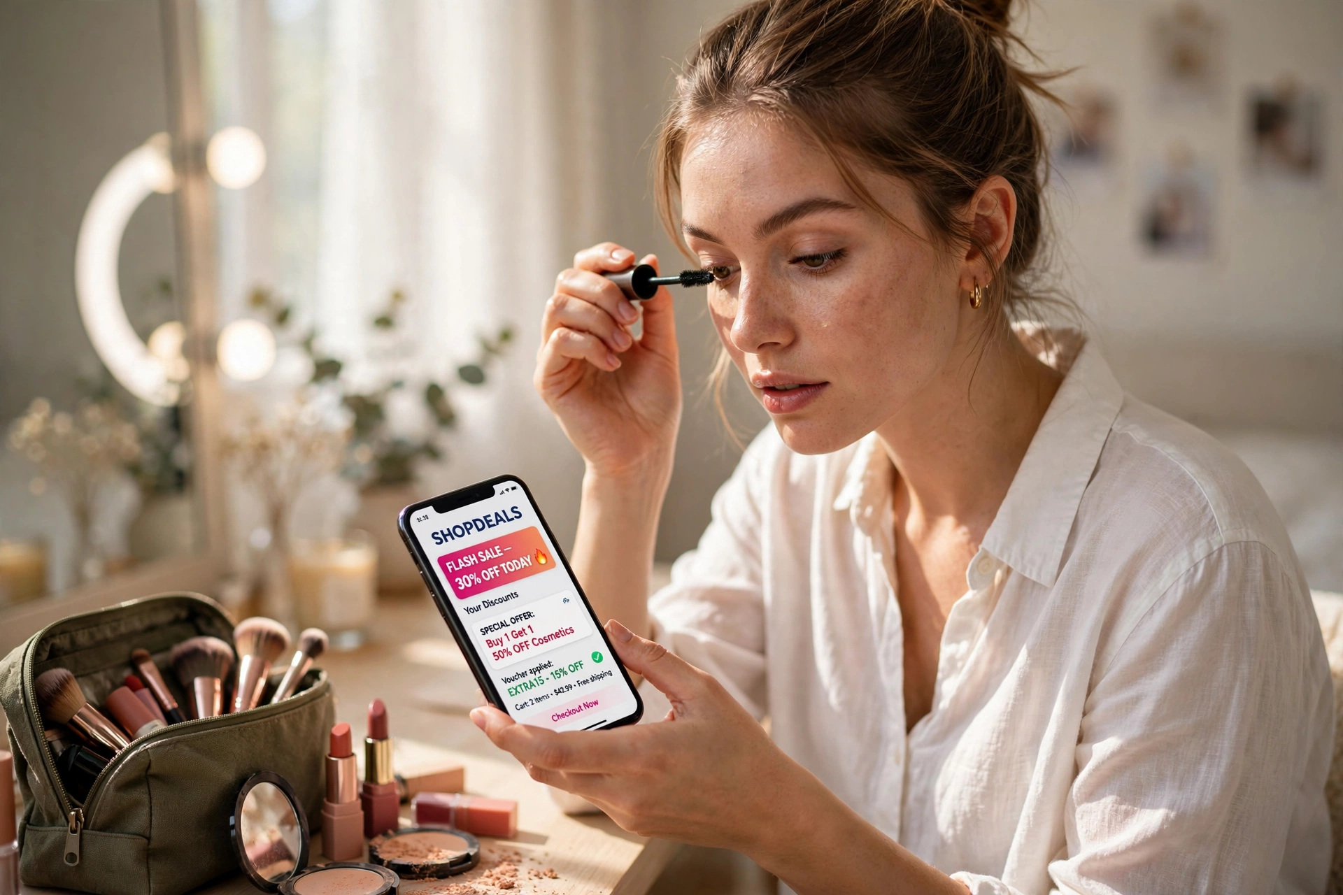 Mulher aplicando maquiagem enquanto usa o smartphone para buscar descontos