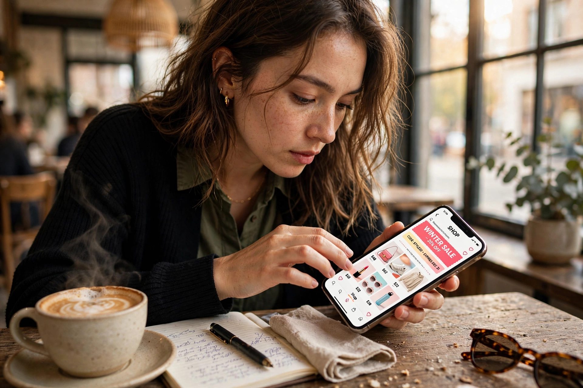 Mulher aplicando cupom de desconto no smartphone enquanto faz compras online