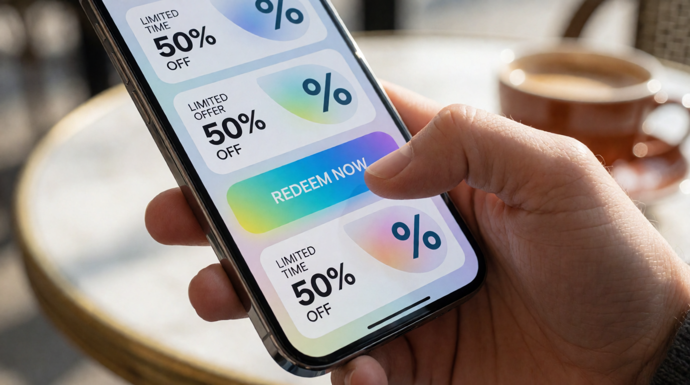 Smartphone mostrando aplicativo de cupons de desconto