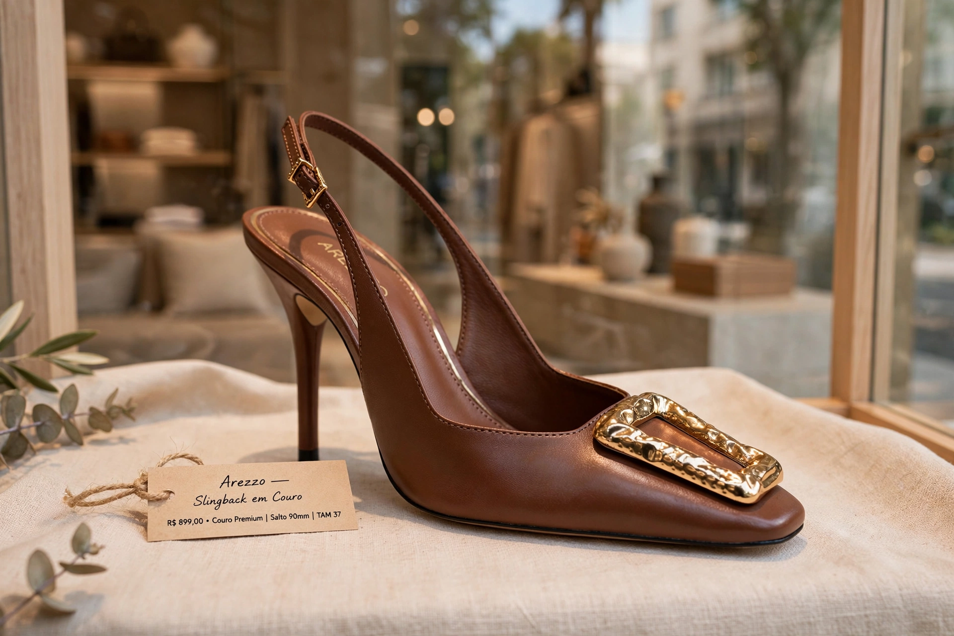 Sapatos Arezzo elegantes em vitrine de loja de luxo