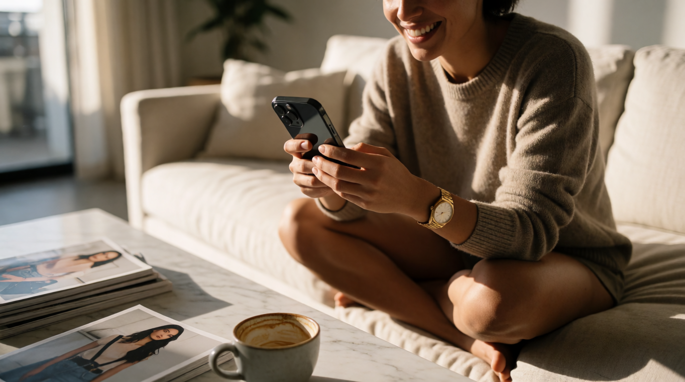 Mulher feliz comprando bolsas online com smartphone