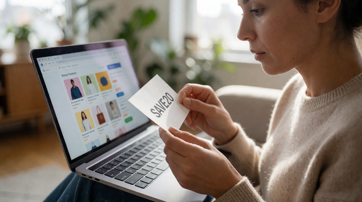 Mulher fazendo compras online com cupom de desconto