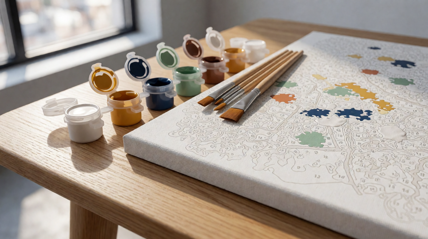 Kit paint by numbers com pincéis e tintas sobre mesa de madeira