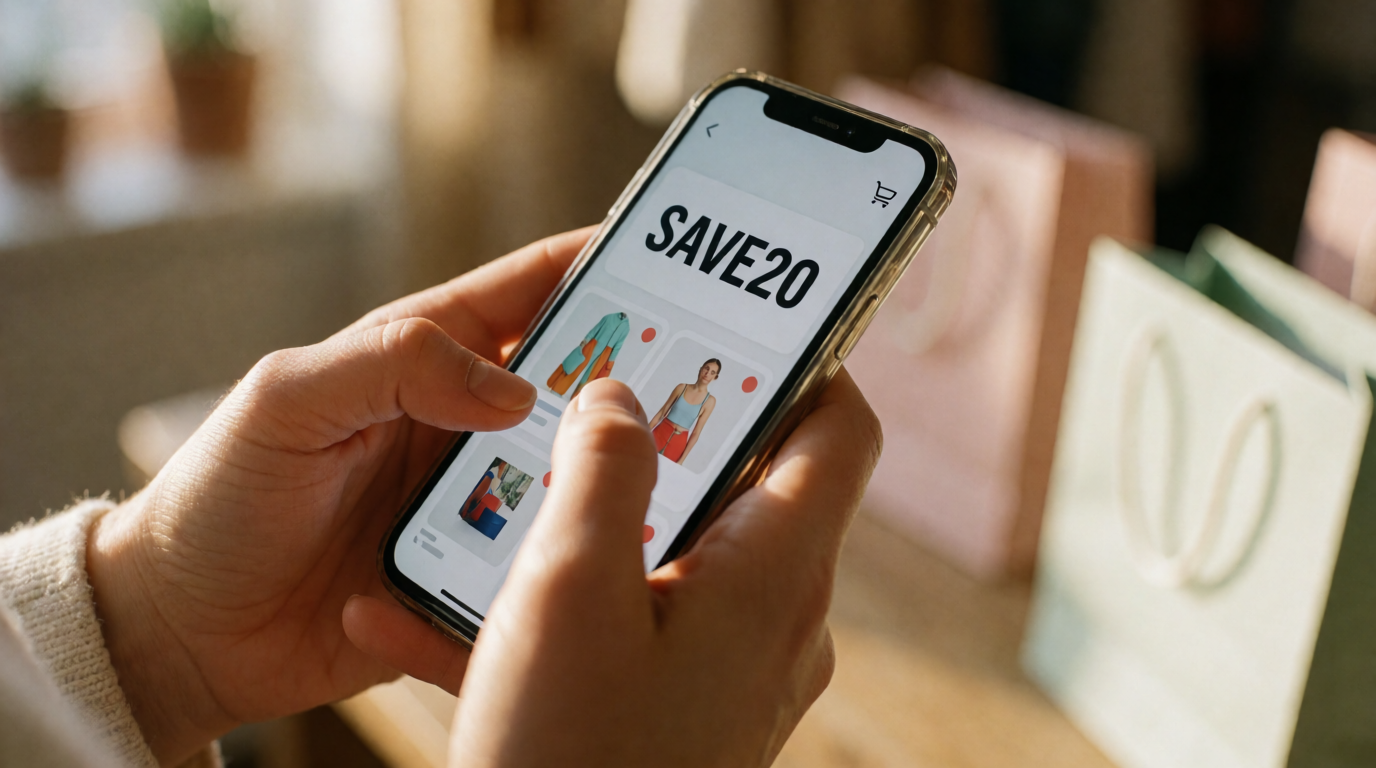 Pessoa usando smartphone para fazer compras online com cupom de desconto