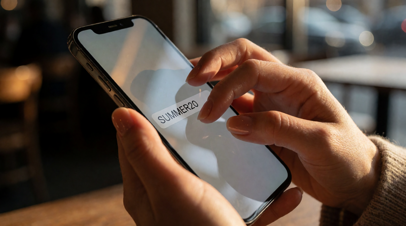 Close do dedo digitando código de desconto no smartphone