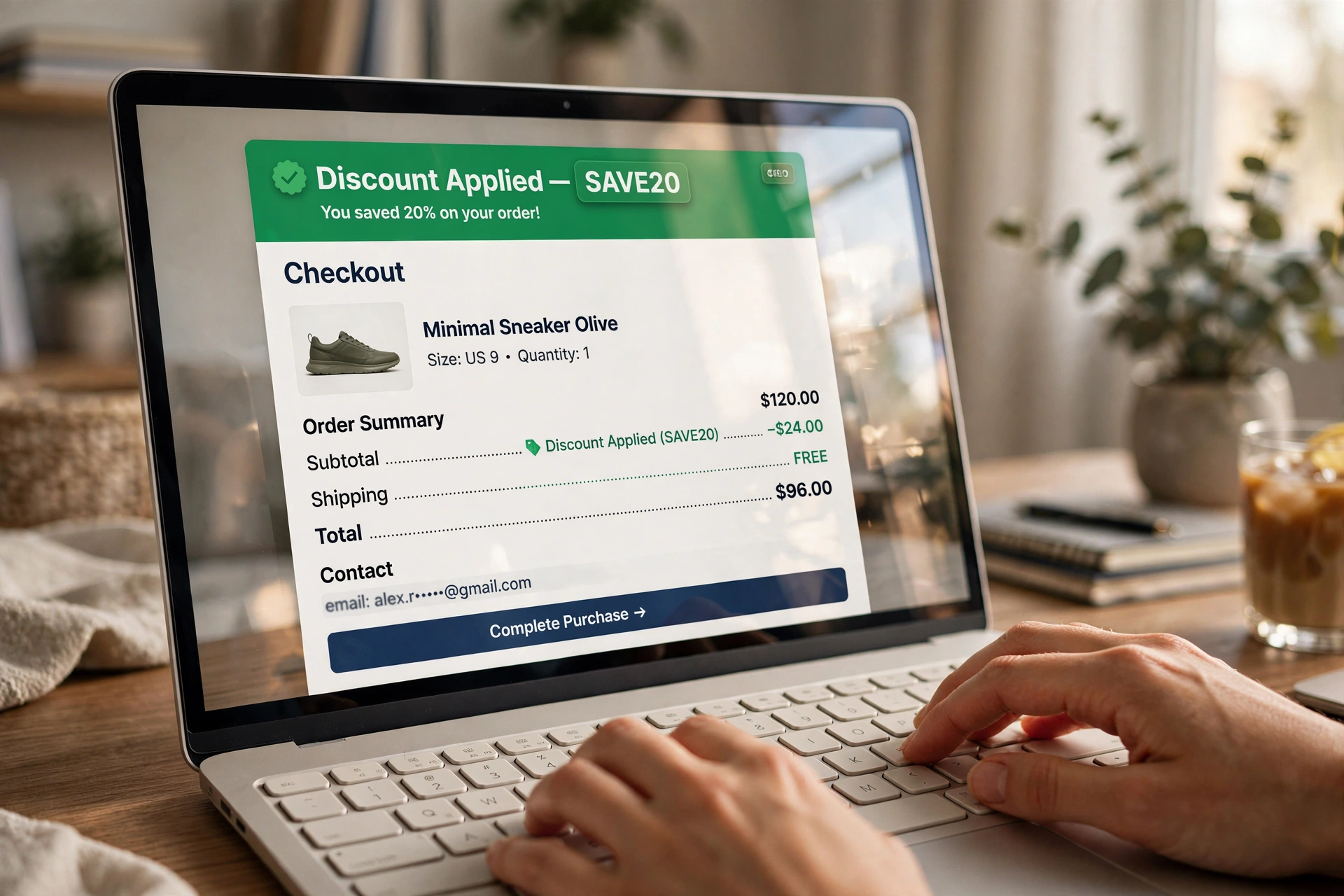 Tela de checkout de e-commerce exibindo desconto aplicado no carrinho