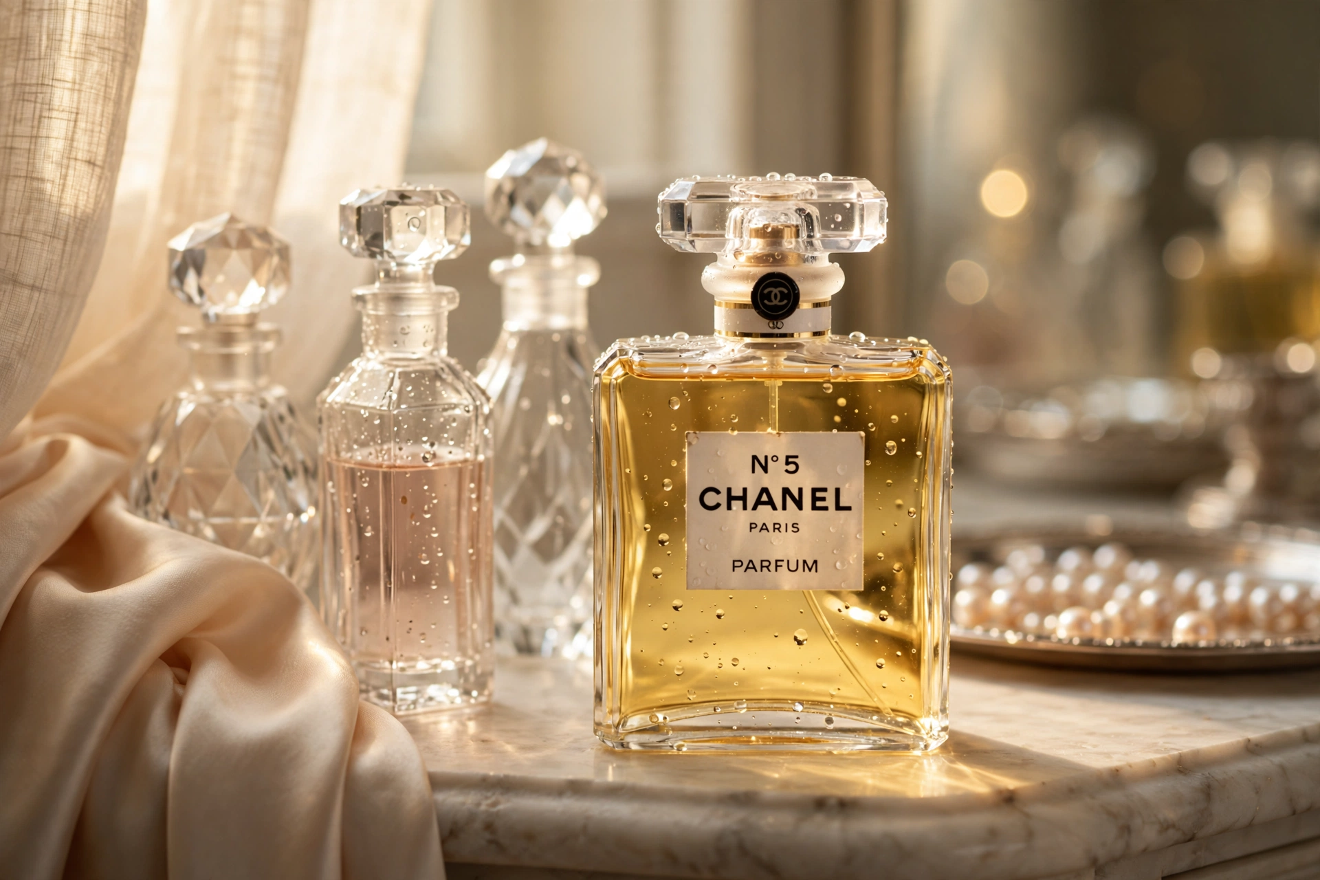 Perfumes de luxo organizados em uma penteadeira
