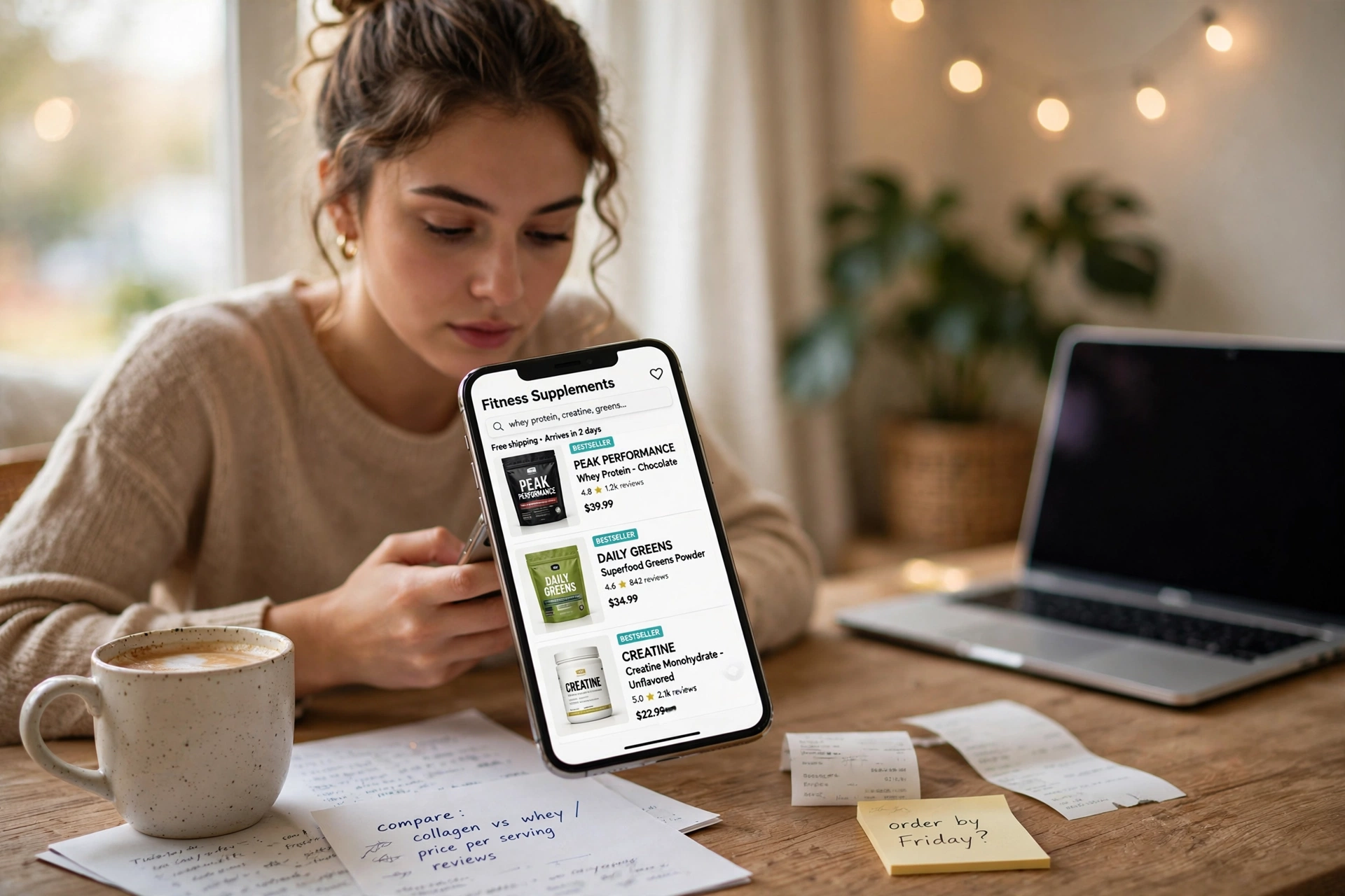 Pessoa utilizando smartphone para realizar compras de suplementos online