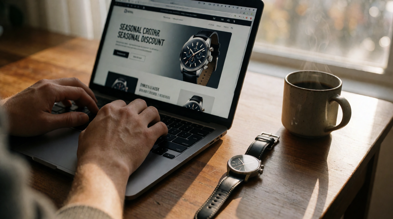 Pessoa comprando relógios online em um site de descontos