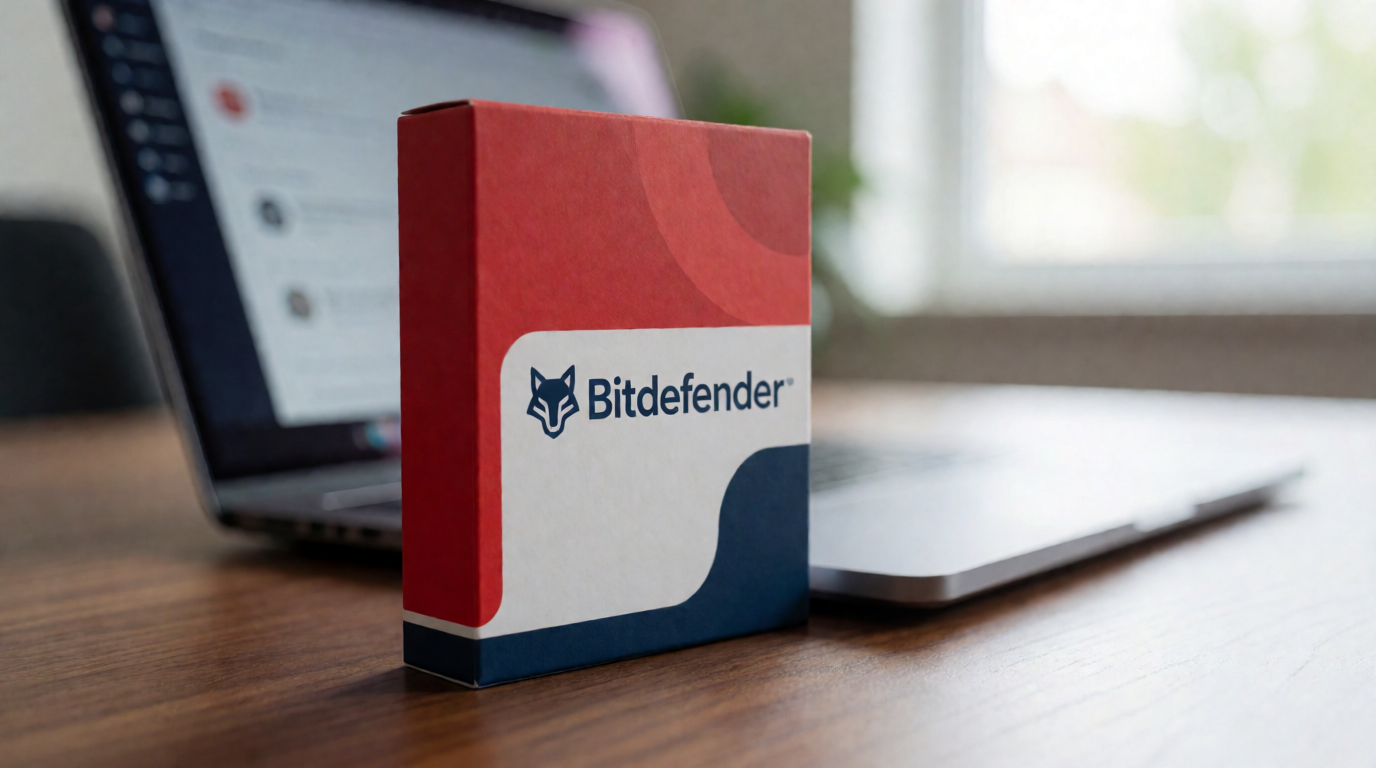 Caixa do Bitdefender ao lado de um notebook, representando segurança digital